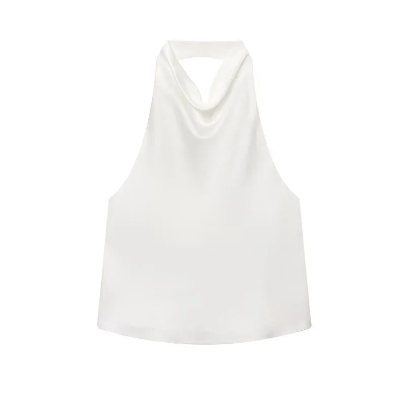 Satin Neckholder-Top Damen Weiß mit offenem Rücken – Lacey von Talaine, Farbansicht Weiß