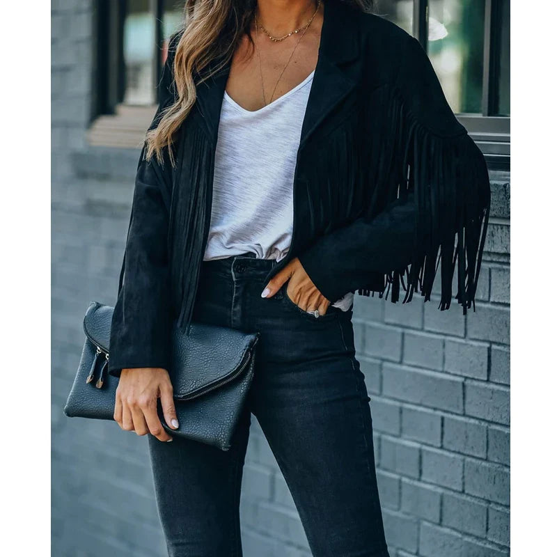 Fraya Fransenjacke Schwarz, Frontansicht
