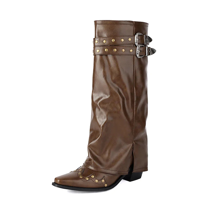 Sierra | Western-Kniestiefel mit Doppel-Schnalle & Nieten – spitze Kappe