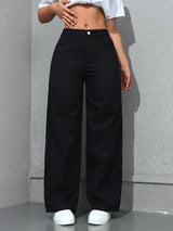 Lunira Wide-Leg-Jeans in Schwarz – Detail-Flatlay mit hohem Bund