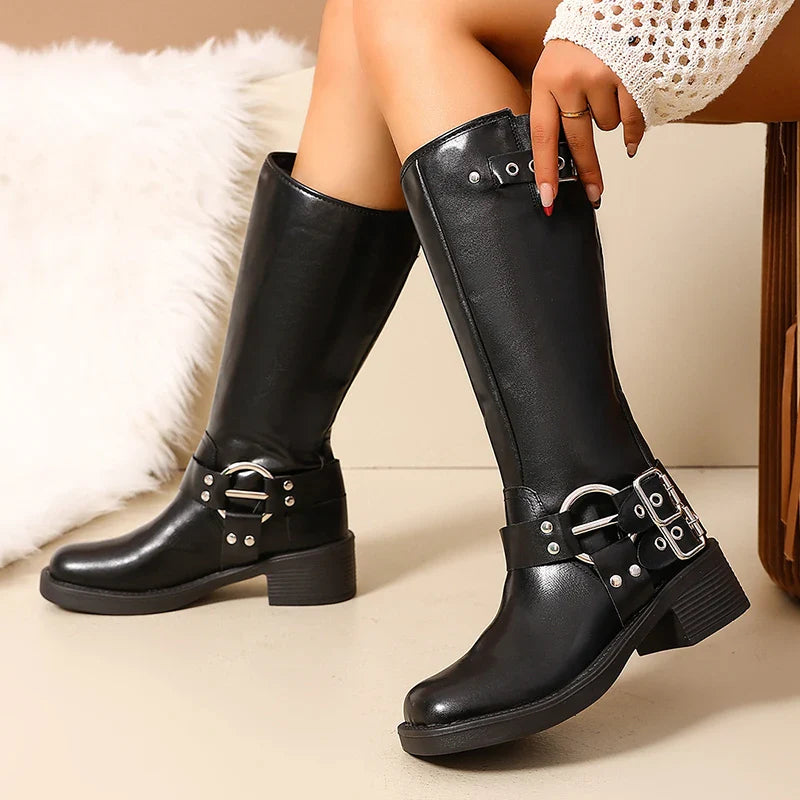 Hohe Biker Boots Damen schwarz vegan Leder
