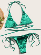 Lana | Metallic Satijnen Halter Bikini Set