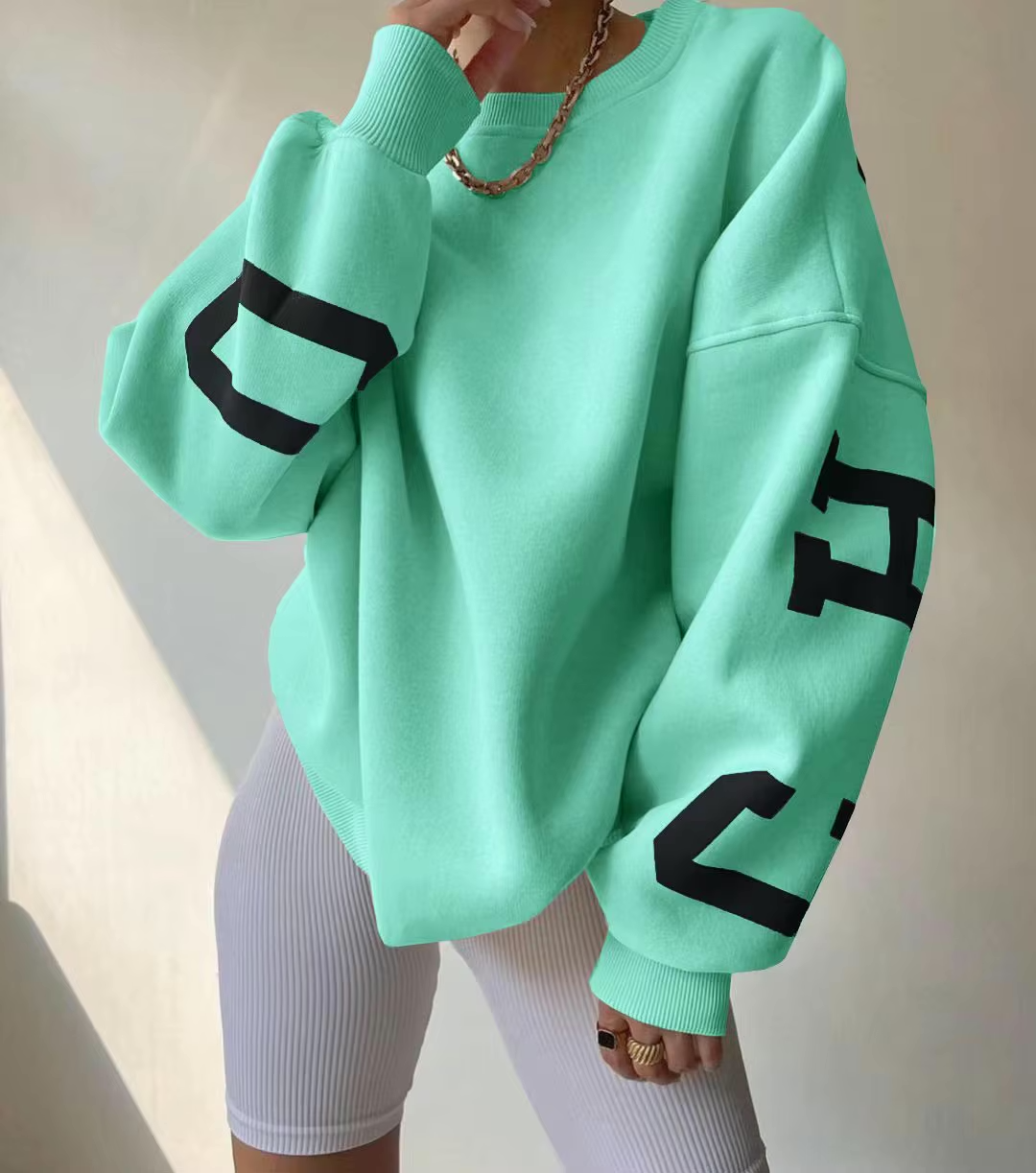 CityPulse Oversized Sweater Damen mintgrün mit CHICAGO Print
