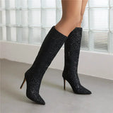 Lunéa Glitz Boots | Kniehohe Glitzerstiefel mit Spitze & Stilettoabsatz