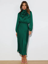 Kleid Damen Dunkelgrün Satin-Abendkleid Maxi mit langen Ärmeln – Elowen von Talaine, edler Auftritt