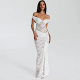Celeste Off-Shoulder Lace Maxi Dress wit voorkant
