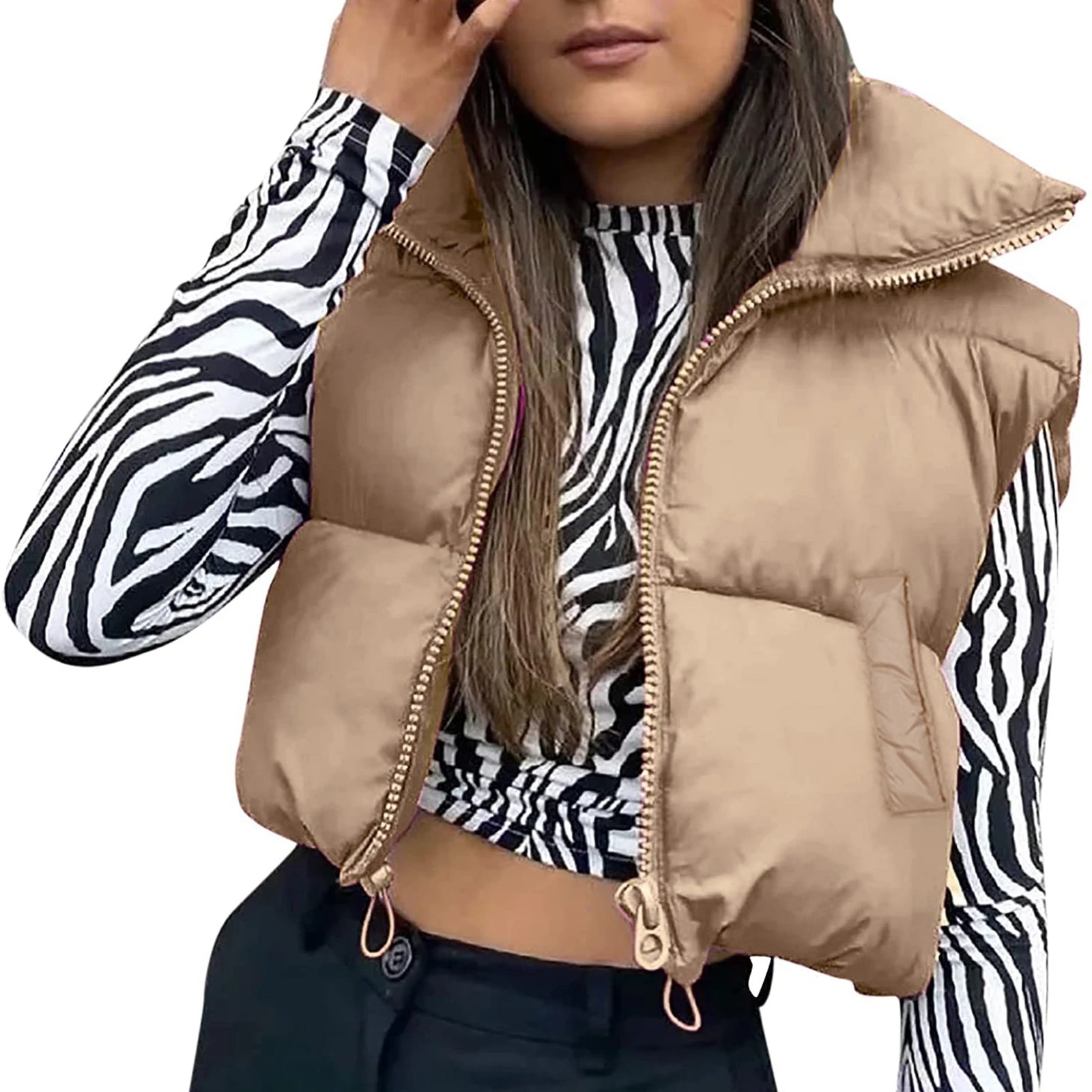 Marlowe Cropped Steppweste Damen in Hellbraun mit Stehkragen