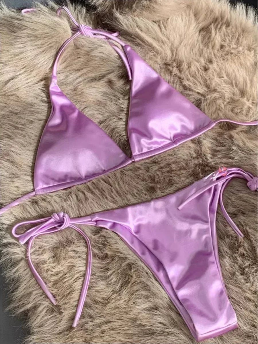 Lana | Metallic Satijnen Halter Bikini Set