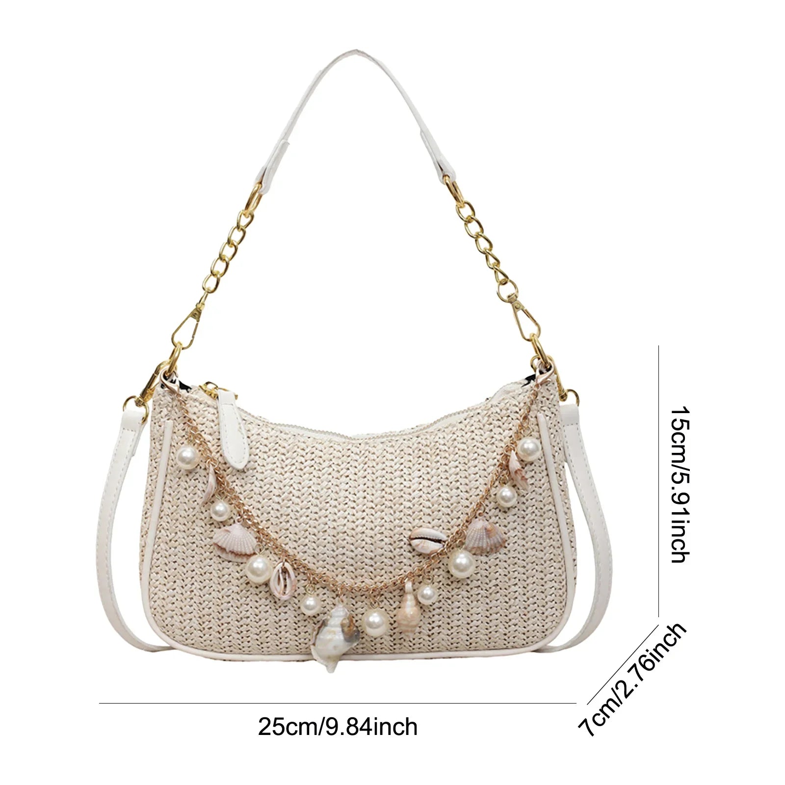Norelya Strandtasche – Studio-Detailansicht der goldenen Ketten-Akzente