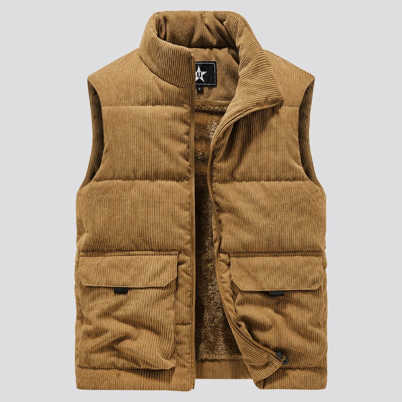 Kaki bodywarmer met ritssluiting en klepzakken
