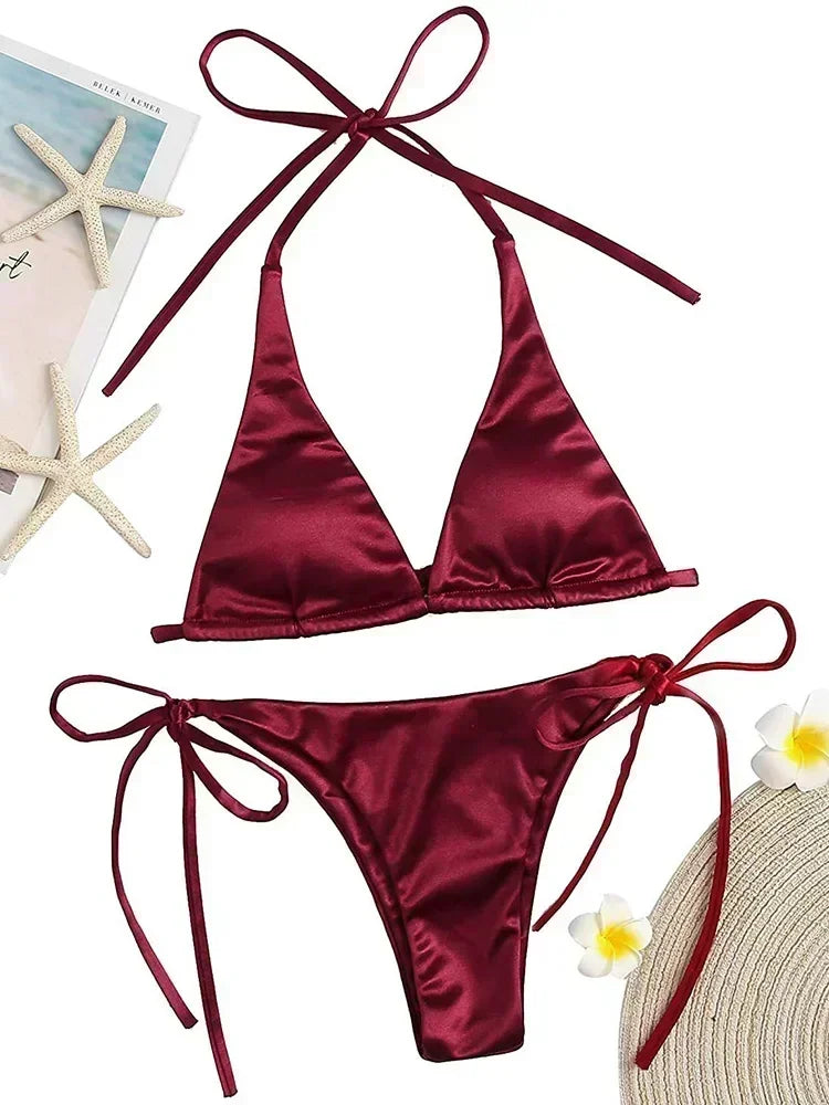 Lana | Metallic Satijnen Halter Bikini Set