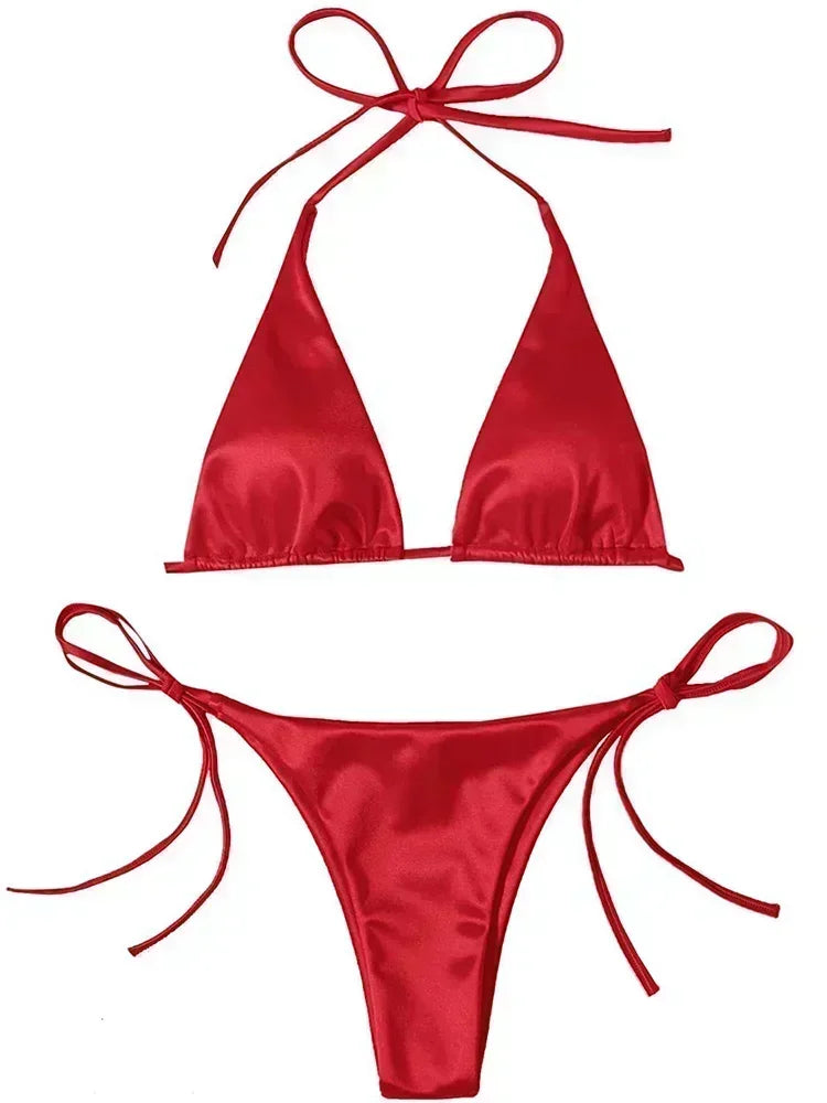 Lana | Metallic Satijnen Halter Bikini Set