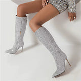 Lunéa Glitz Boots | Kniehohe Glitzerstiefel mit Spitze & Stilettoabsatz