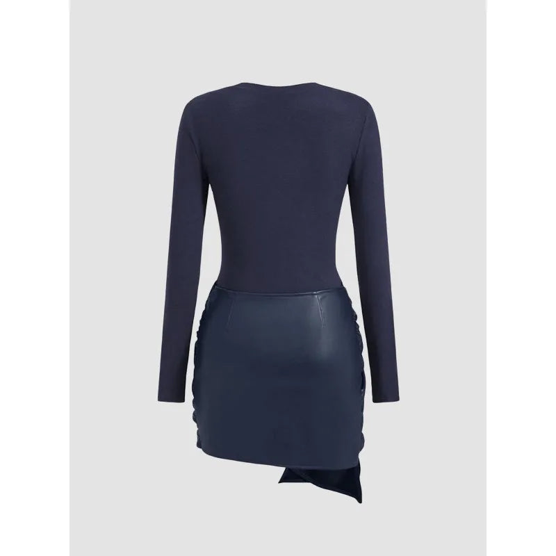 Dunkelblau Damenkleid mit langen Ärmeln und Lederoptik