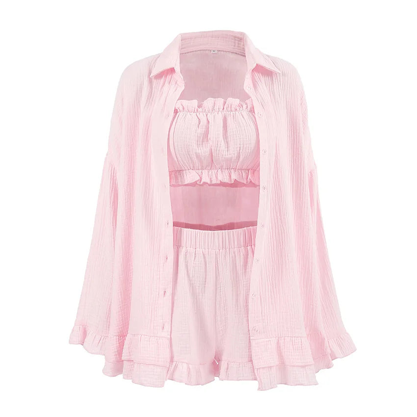 Sommerliches Damen-Set mit Bluse, Top & Shorts in Pastelltönen – Roséline von Talaine, Produktfoto