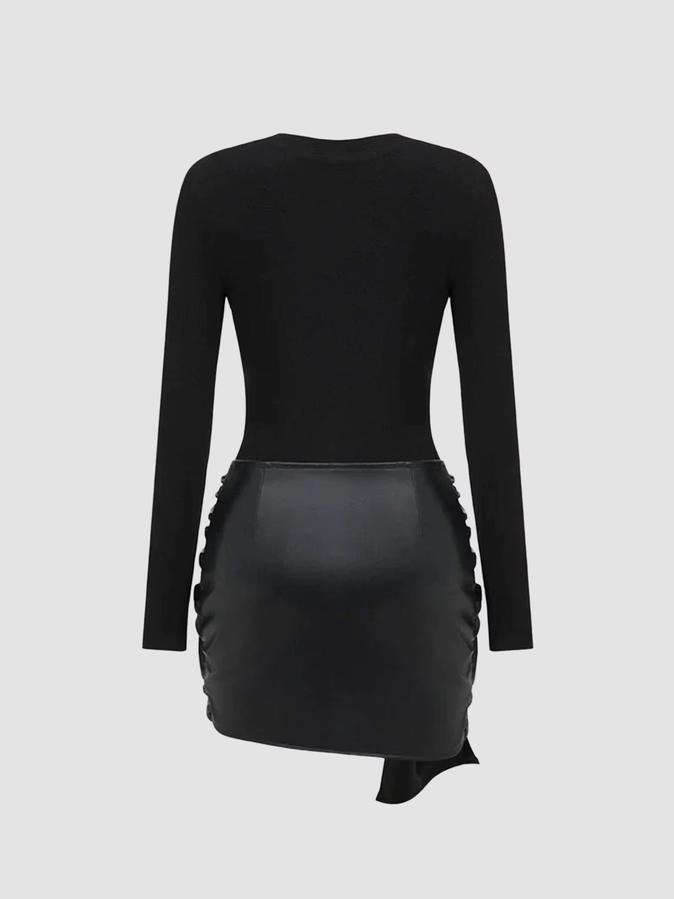 Schwarz Damenkleid mit langen Ärmeln und Lederoptik