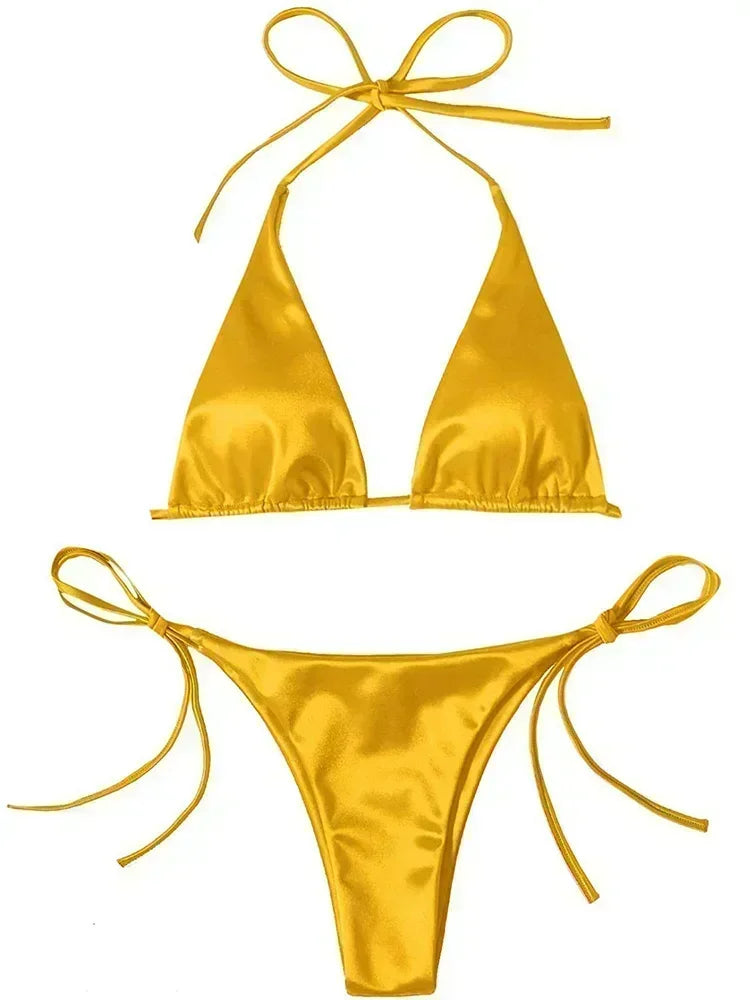 Lana | Metallic Satijnen Halter Bikini Set
