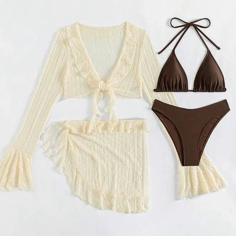 
Transparante strandset met bikini voor dames, Boho strandoutfit met wijd uitlopende mouwen, Set van bikini en strandkleding in crème en bruin, Fashionable beachwear met mesh details, Strandset met rok en top over bikini