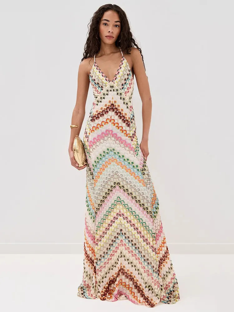 Maxikleid Damen in bunter Haekeloptik mit offenem Ruecken – Zinera von Talaine, Sommer-Look