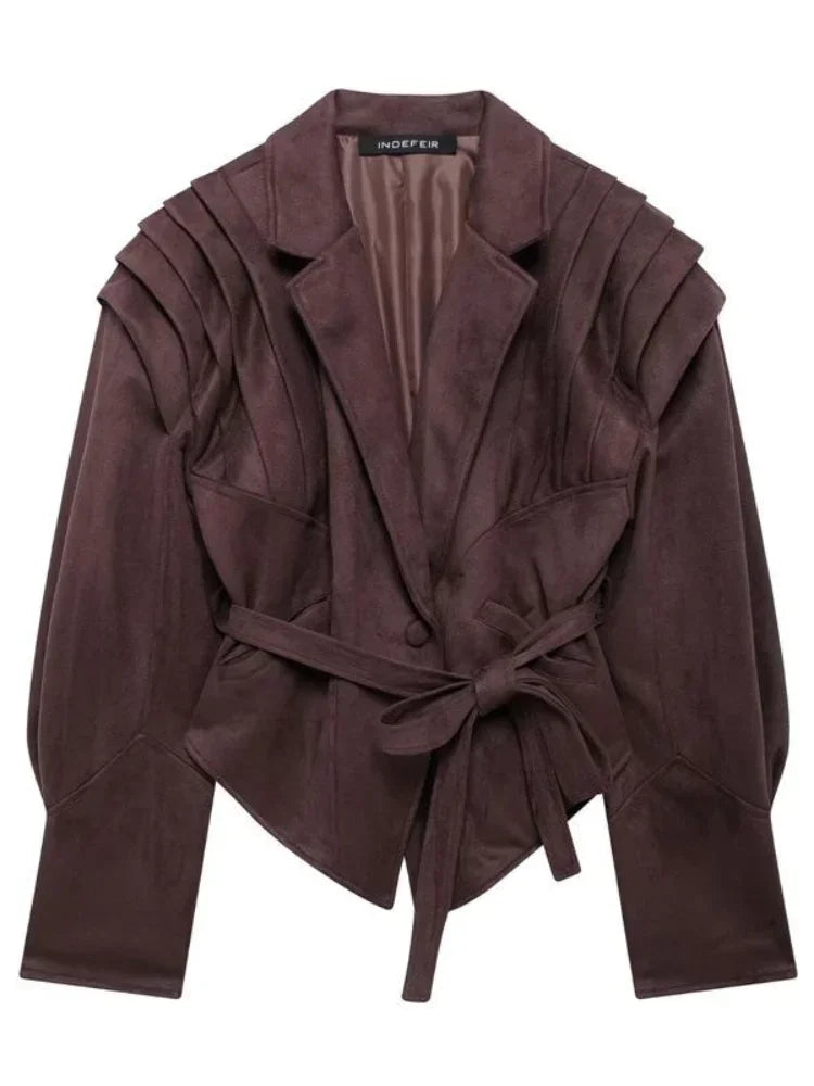 Veloria Vegan Suede Jacke | Damen Herbstjacke mit Taillengürtel & Schulterdetails