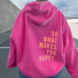 Rosa Hoodie mit gelbem Textdruck "Do What Makes You Happy"