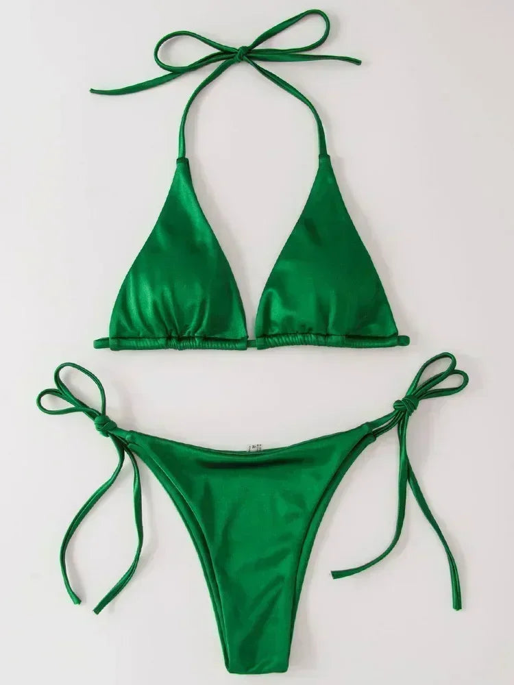 Lana | Metallic Satijnen Halter Bikini Set