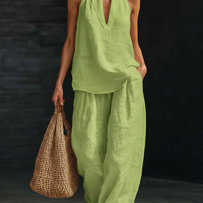 Leinen-Set Damen Grün Neckholder-Top und weite Hose – Marisol von Talaine, Farbansicht Grün
