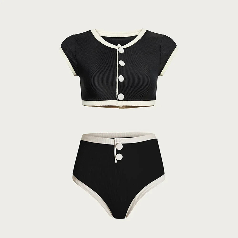 Bikini Damen Schwarz-Weiß High Waist Cropped Top – Virella von Talaine, Rückansicht