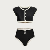 Bikini Damen Schwarz-Weiß High Waist Cropped Top – Virella von Talaine, Rückansicht