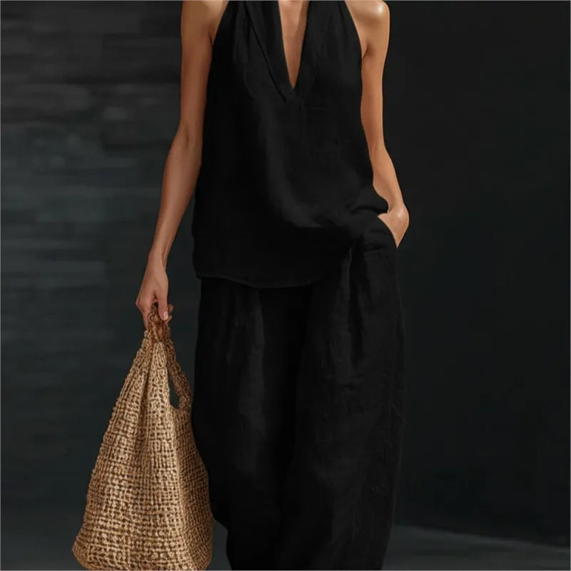 Leinen-Set Damen Neckholder-Top mit weiter Hose – Marisol von Talaine, Seitenansicht