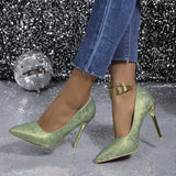 hellgrüne Satin Pumps mit goldenen Absätzen in eleganter Jacquard-Struktur