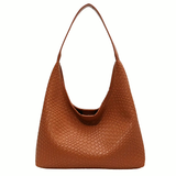 Livia Woven Tote, stijlvolle cognac gevlochten PU leather schoudertas met pouch, ideaal voor werk en shoppen.