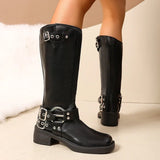 schwarze hohe biker boots mit schnallen und blockabsatz für damen