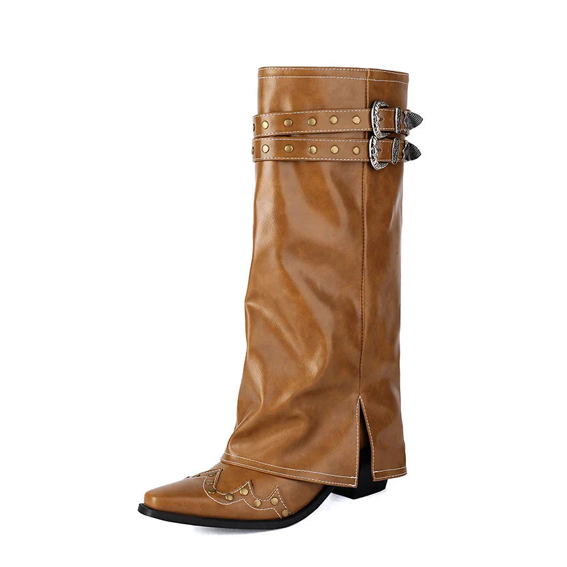 Sierra | Western-Kniestiefel mit Doppel-Schnalle & Nieten – spitze Kappe