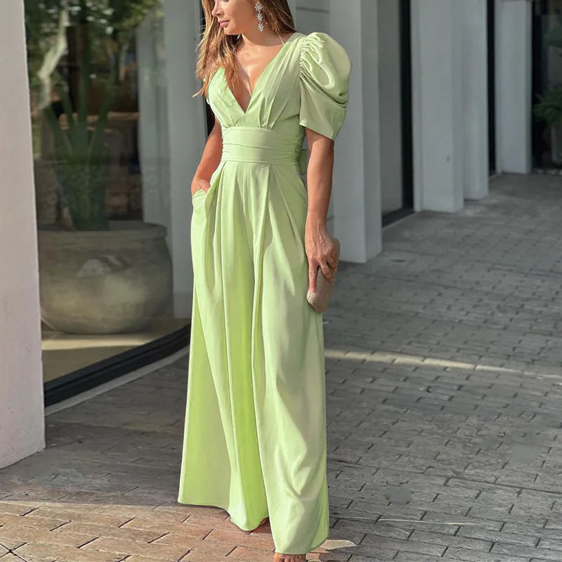 Marlowe Wide-Leg Jumpsuit in Hellgrün mit hoher Taille – femininer Kurzarm-Look von Talaine
