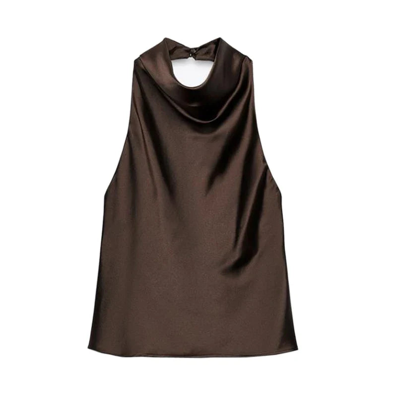 Satin Neckholder-Top Damen Braun mit offenem Rücken – Lacey von Talaine, Farbansicht Braun