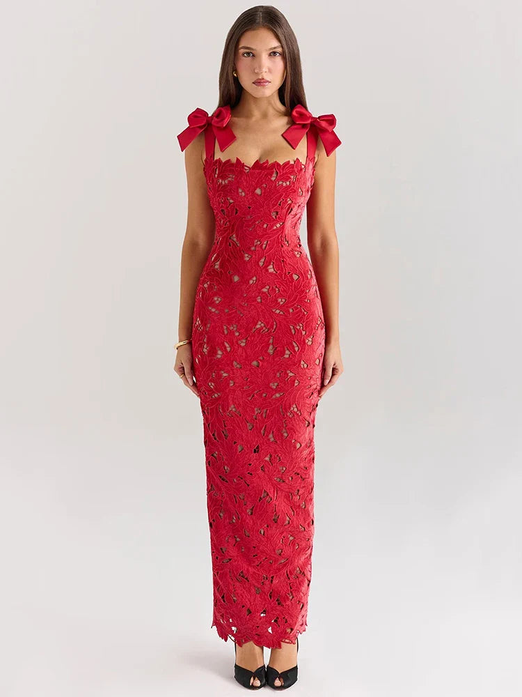 Midnight Rose Maxikleid in Rot mit Spitze und Schleifen