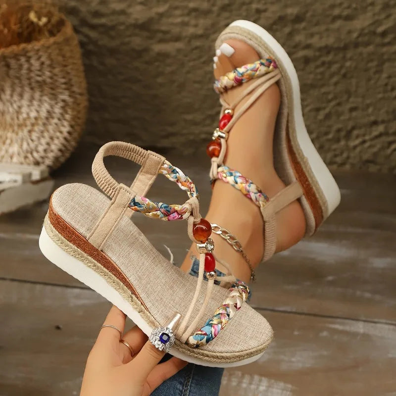 sleehak sandalen met kleurrijk touwdetail en elastische band
