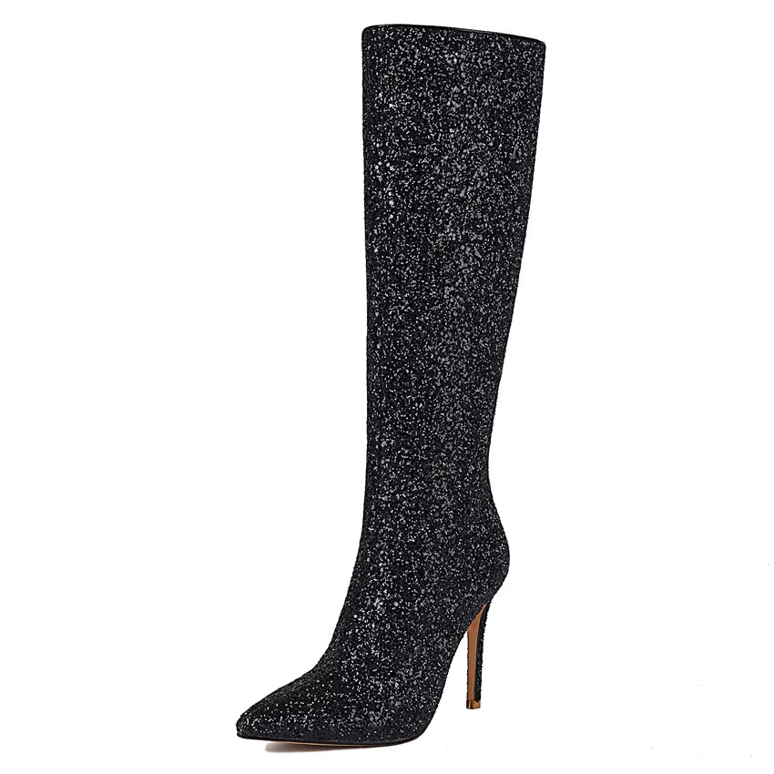 Lunéa Glitz Boots | Kniehohe Glitzerstiefel mit Spitze & Stilettoabsatz
