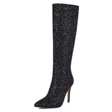 Lunéa Glitz Boots | Kniehohe Glitzerstiefel mit Spitze & Stilettoabsatz