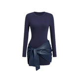 Dunkelblau Damenkleid mit langen Ärmeln und Lederoptik