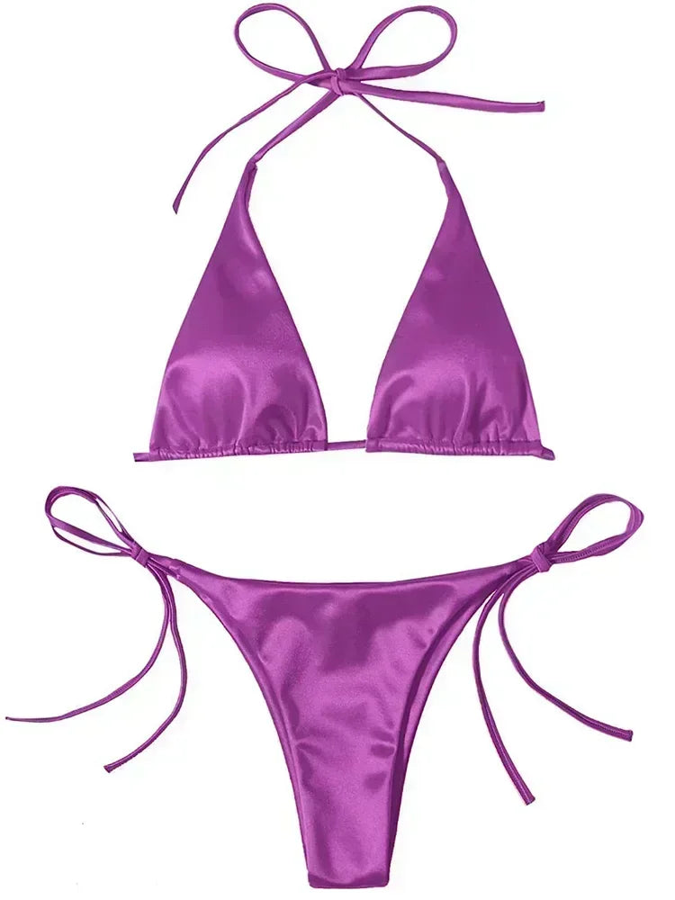 Lana | Metallic Satijnen Halter Bikini Set