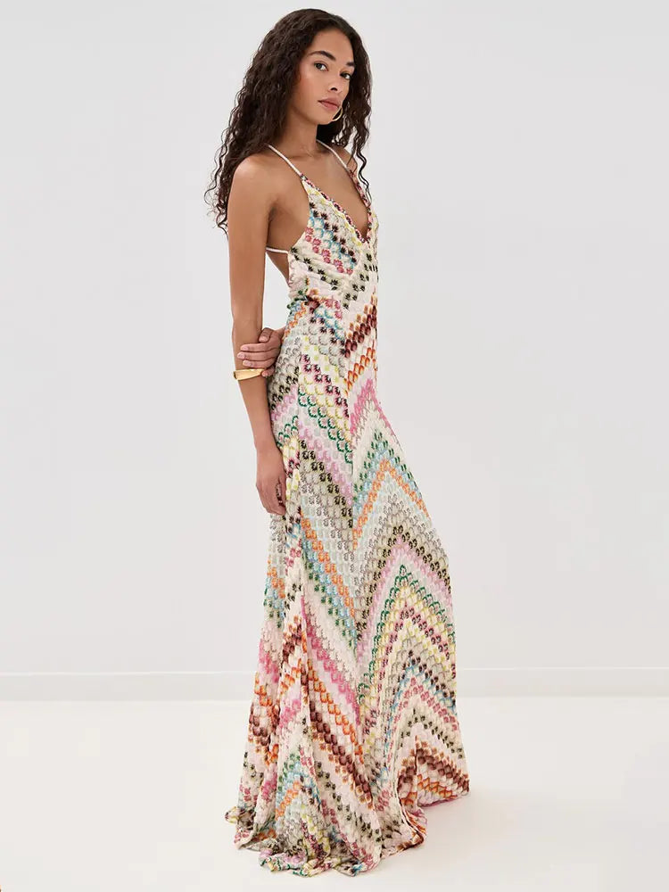 Gehaekeltes Maxikleid Damen mit tiefem V-Ausschnitt – Zinera von Talaine, Strand-Look