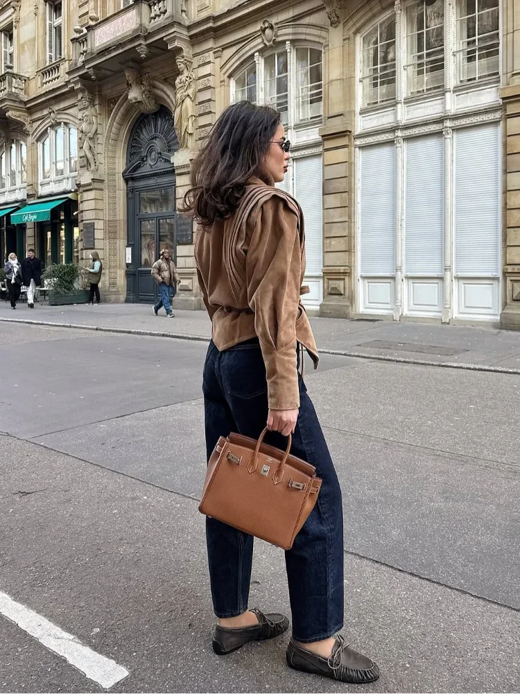 Veloria Vegan Suede Jacke | Damen Herbstjacke mit Taillengürtel & Schulterdetails