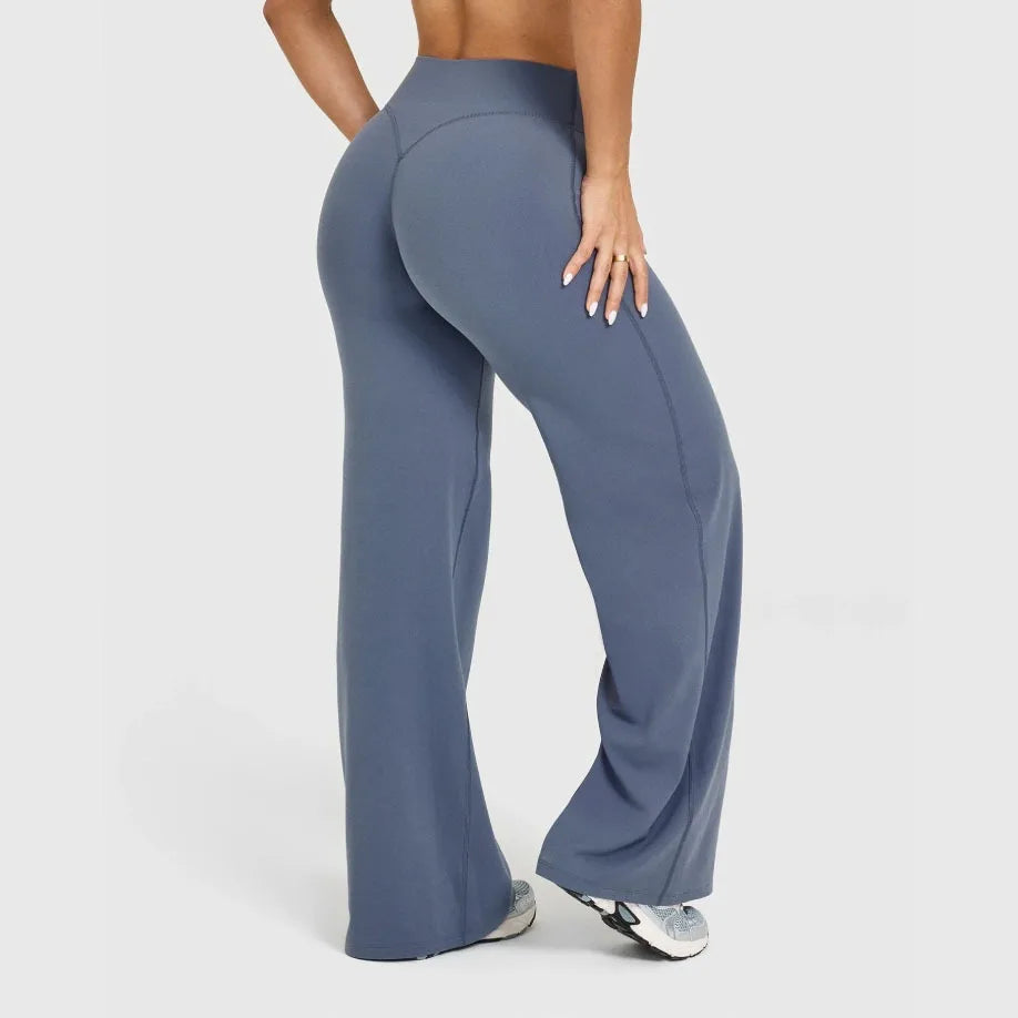 Yoga-Hose Damen Blaugrau High Waist Flared mit weitem Bein – Livia von Talaine, Farbansicht Blaugrau