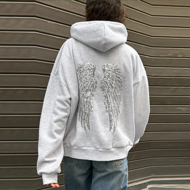 Grauer Damen Hoodie mit glitzernden Engelsflügeln