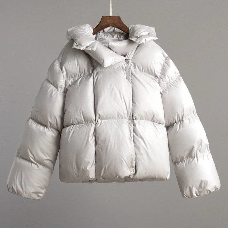 silbergraue pufferjacke mit kapuze auf kleiderbügel