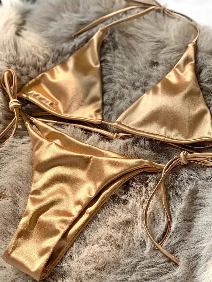 Lana | Metallic Satijnen Halter Bikini Set