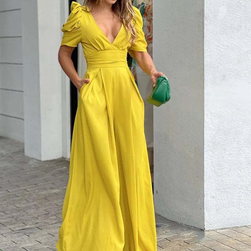 Talaine Marlowe Jumpsuit in Gelb – Damen Wide-Leg Einteiler mit kurzen Ärmeln