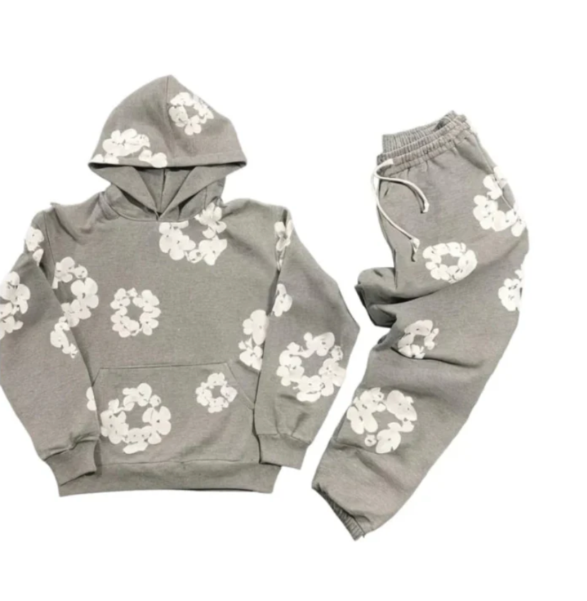grijze trainingspak set met bloemenprint voor heren en dames
